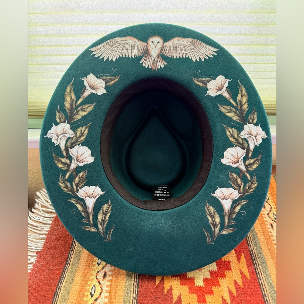 Teal Wide-Brim Wild As Heck Wide Brim Hat with Floral and Owl Design